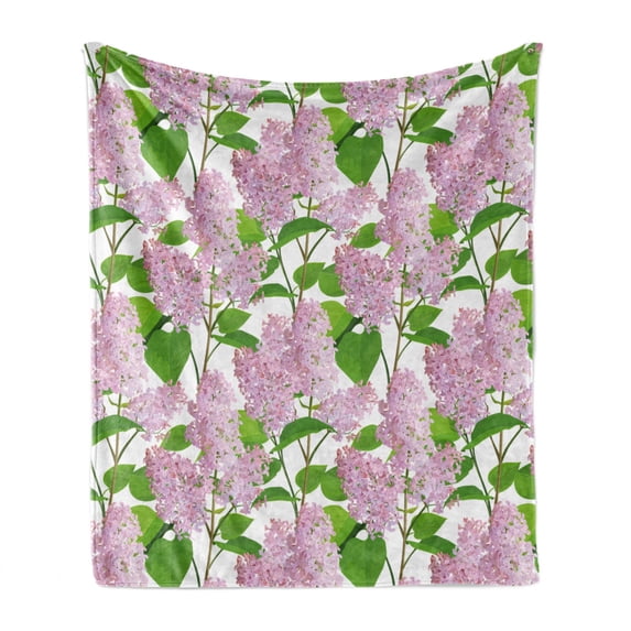 Garden Soft Flannel Fleece Blanket, Botanical Theme Spring Illustration Along Natural Lilacs and Big Leaves Floral Art, Cozy Plush for Indoor and Outdoor Use, 70" x 90", Multicolor, by Ambesonne