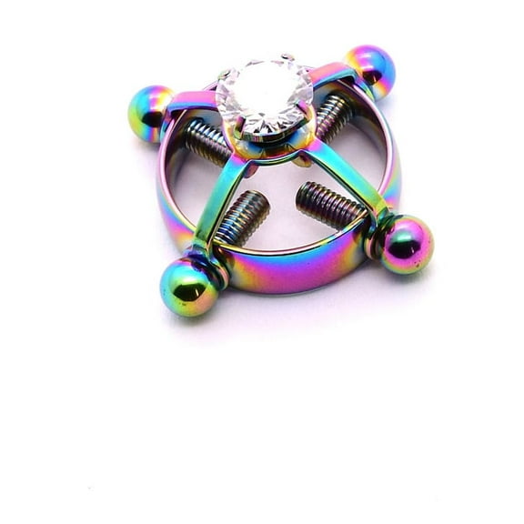 304 Stainless Steel Rhinestone Clip on Nipple Rings Flat Round Rainbow color 20x8x5mm 304 Stainless Steel