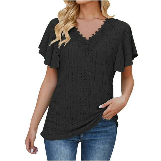 Timegard Womens Tops Summer Eyelet Ruffle Short Sleeve Lace V-Neck Blouse Dressy Casual Loose Shirts Tops
