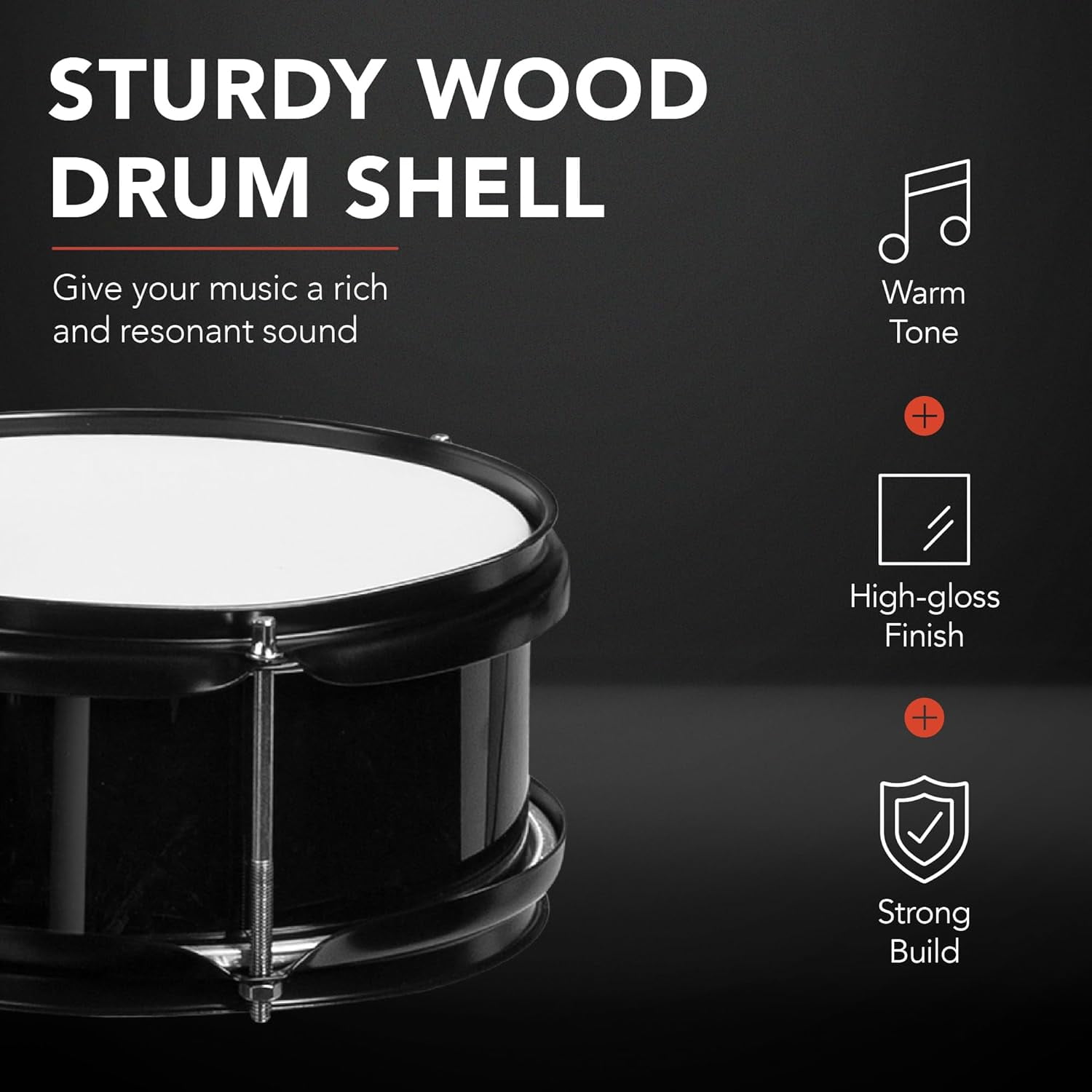 HarmonyStrings 3-Piece Beginner Drum Set for Kids Juniors, w/Throne Stool, Cymbal, Drum Sticks, Bass Drum Pedal, 2 Toms Black