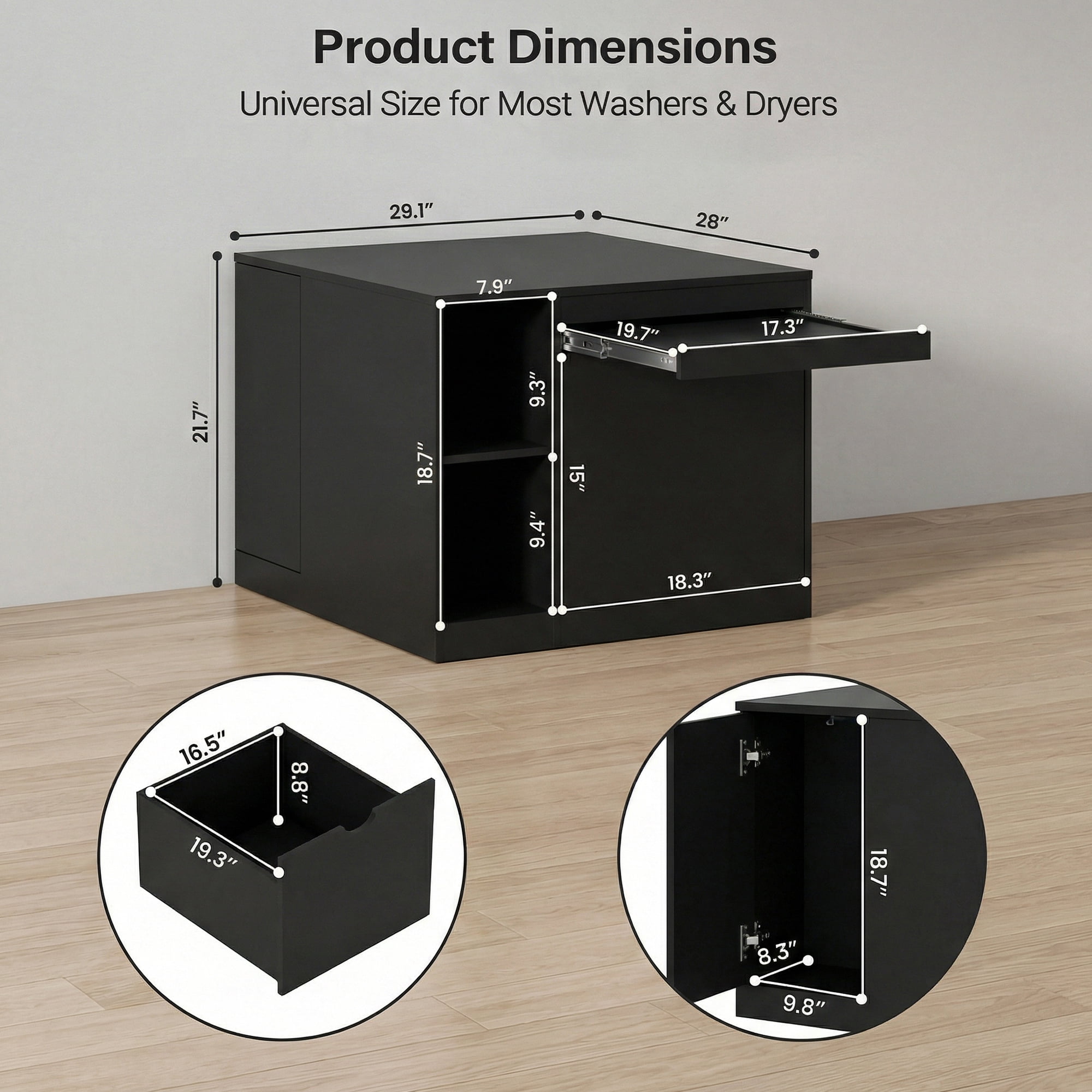 Advwin 29" Washer and Dryer Pedestal, Heavy Duty Washing Machine Stand with Laundry Basket Shelf, Large Drawer, Storage Shelf & Cabinet, Universal Fit Anti-Vibration Laundry Pedestal, Black