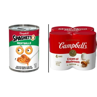 Campbell's SpaghettiOs with Meatballs 15.6 oz & Condensed Cream of Mushroom Soup 4 pk 10.75 oz each