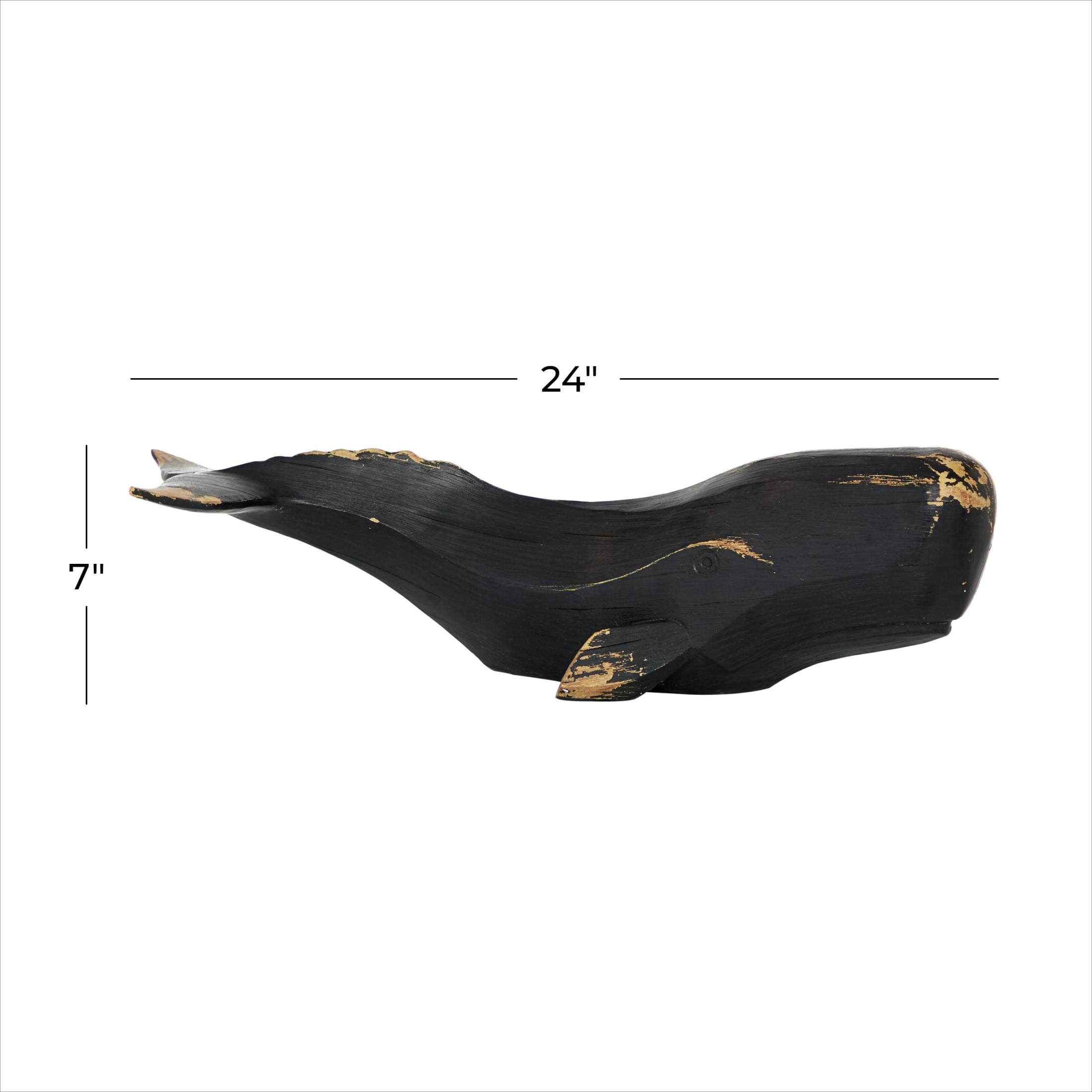 24" x 7" Black Polystone Handmade Whale Sculpture, by DecMode