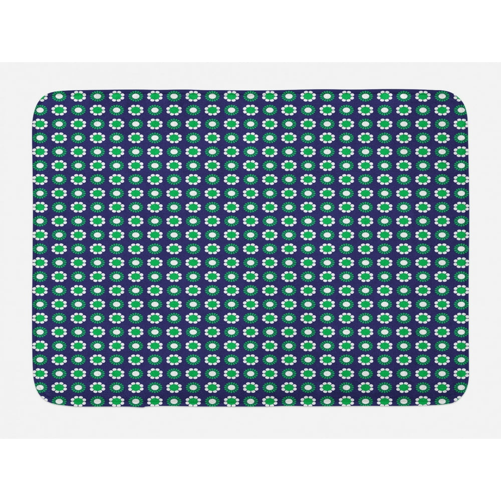 Navy Blue Bath Mat, Cute Floral and Point Design with Green Round