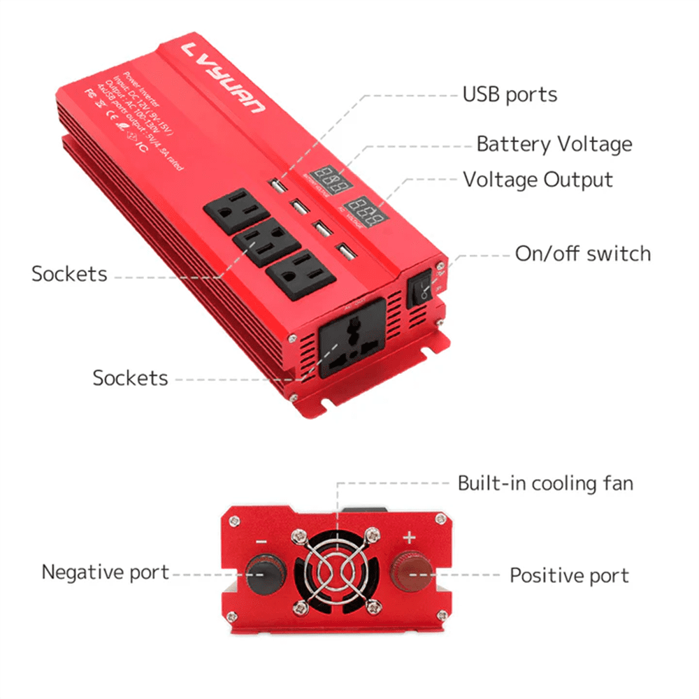 LVYUAN 1300W/2600W Peak Power Inverter DC 12V to AC 110V, 4 AC Outlets & 4 USB Ports (3.1A), Modified Sine Wave Car Inverter with LED Display for RV, Truck, Camping, Home, Emergency Power