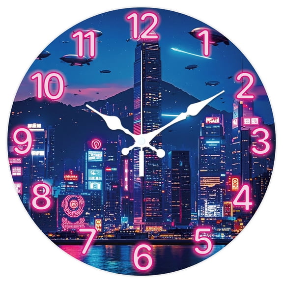 Neon City Wall Clock 12 Inch Cyberpunk City Clock Battery Operated Silent Non Ticking Round Decorative Clocks for Home Office Decoration