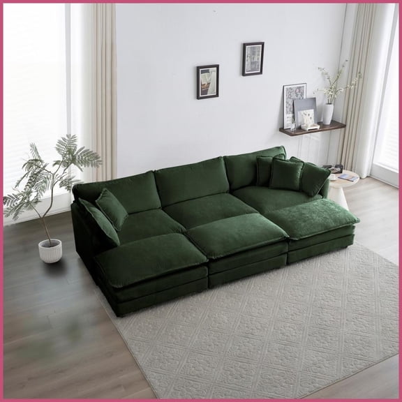 Modern Chenille 6-Seater Reversible U-Shaped Modular Sectional Sofa with Ottomans & Pillows for Living Room