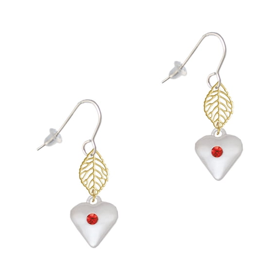 Delight Jewelry Silvertone Large July - Red Crystal Heart Goldtone Leaf French Earrings