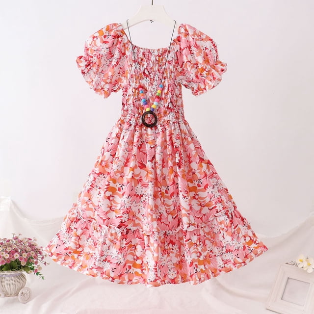 Formal Dresses for Girls Summer Comfy Round Neck 5th Grade Graduation Dress Loose Floral Print Breathable Girls Spring Dresses for Lounge at Home Multicolor 16-17 Years