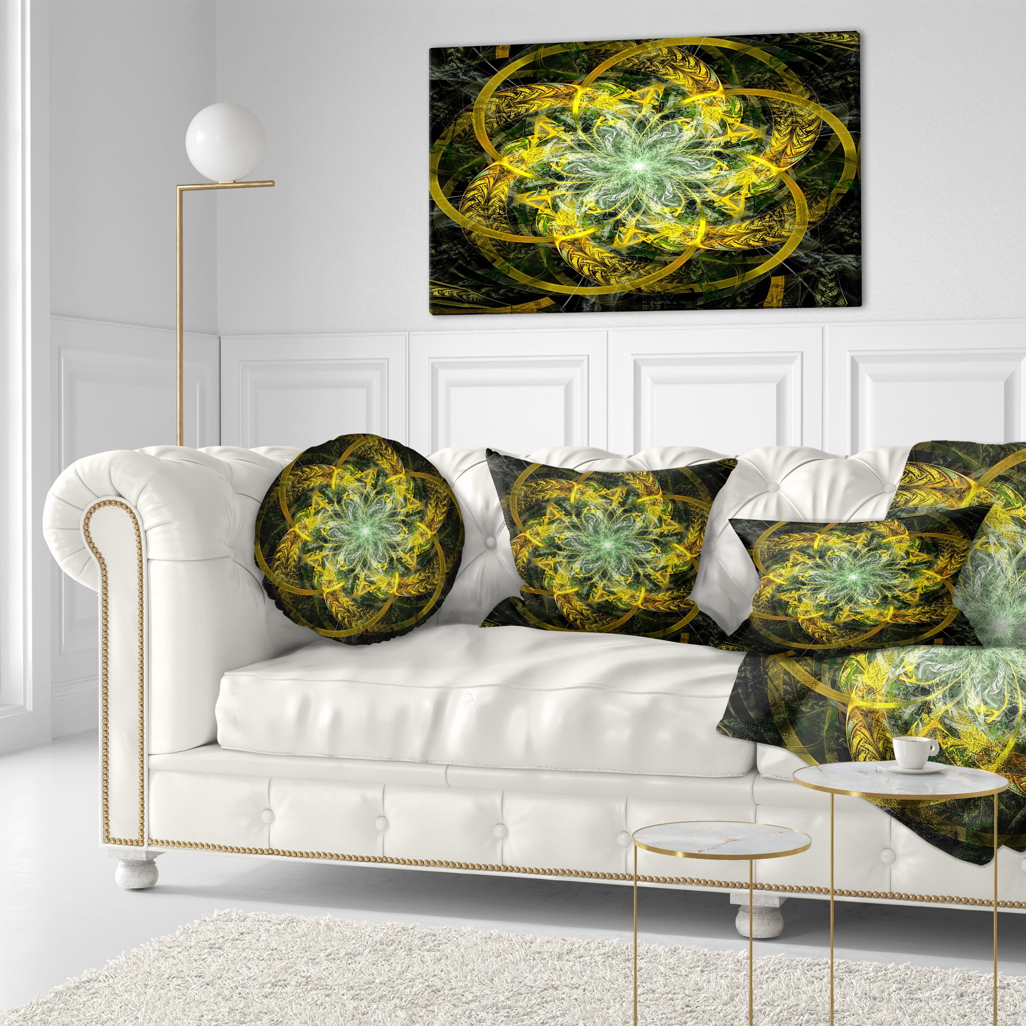 Designart Yellow and Green Fractal Flower - Abstract Throw Pillow - 12x20