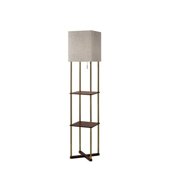 Floor Lamp with Antique Brass Poles & Walnut Wood Storage Shelves with Two USB Ports