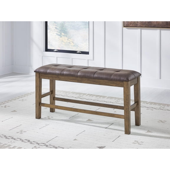 Signature Design by Ashley Vallister Counter Height Upholstered Dining Bench, Faux Leather Seat, Light Brown Finish