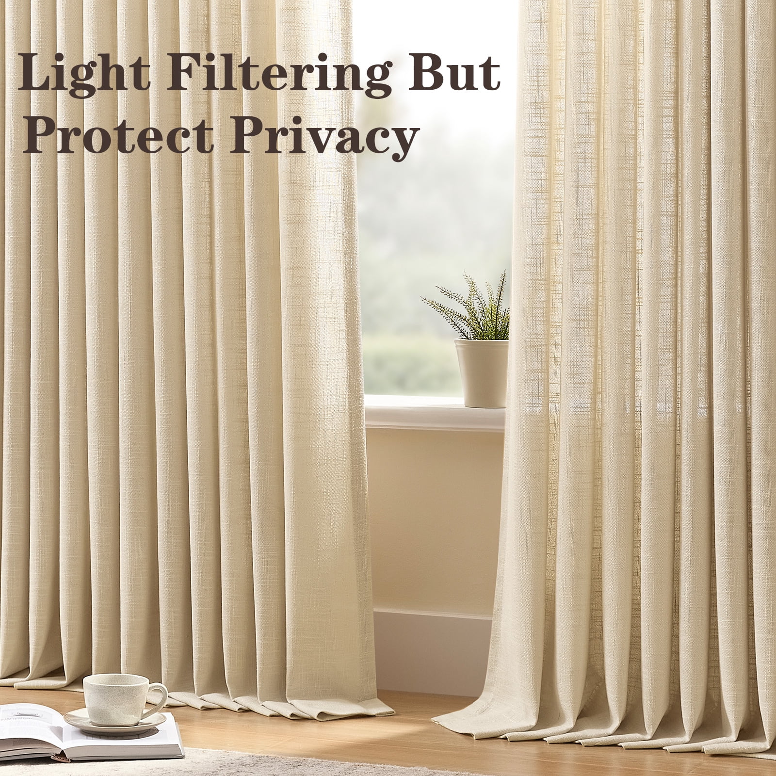 Galenzoov 40×90 inch 2 Panels Pinch Pleated Linen Curtains for Home, Light Filtering Airy & Privacy Protection Breathable Window Drapes for Bedroom, Living room, Office, Sand Beige