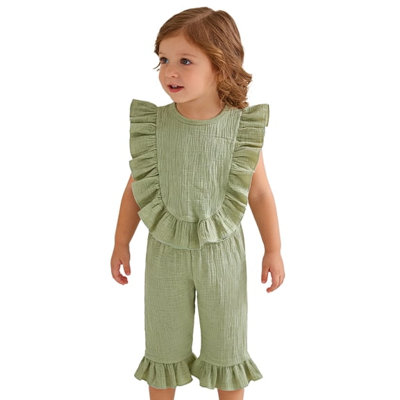 shoper Pure Color Linen Blend Ruffled Two Piece Set Comfortable Casual Summer Outfit for Girls, Girl Sets Size 5