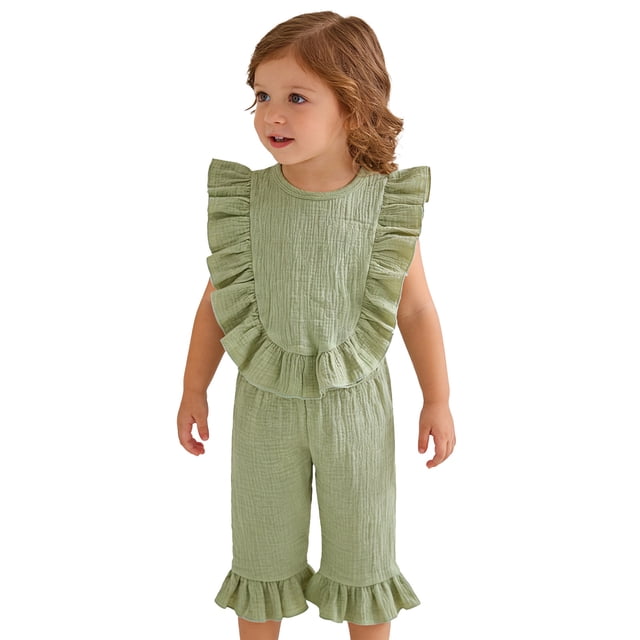 DuoJiaJ Pure Color Linen Blend Ruffled Two Piece For Girls Comfortable Casual Summer Outfit Girls Lounge Sets Size 6-12 Months