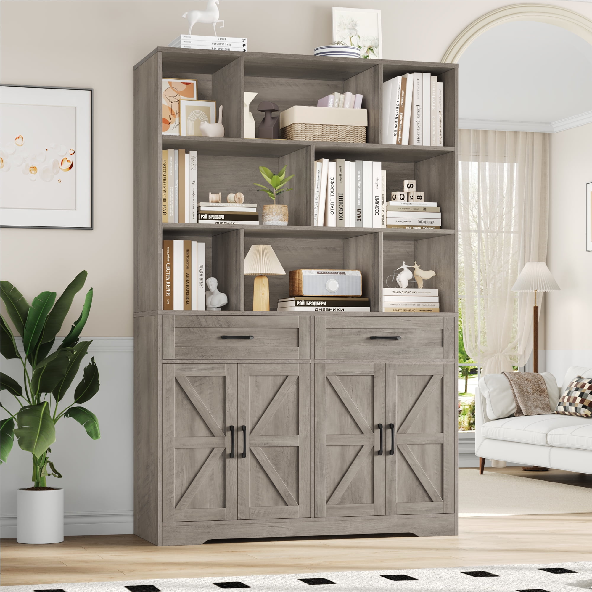 Hiphuta 71"Tall Bookcases with Drawers & Doors, 47” Wide Large Bookshelf for Home Office 6-Tier Bookshelf , Wooden Book Storage Cabinet for Home Office Living Room, Ash Gray