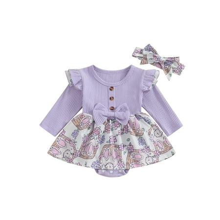 

Qtinghua Newborn Infant Baby Girls Easter Outfits Long Sleeve Bunny Flower Print A-line Romper Dress with Headband Clothes Lavender 12-18 Months