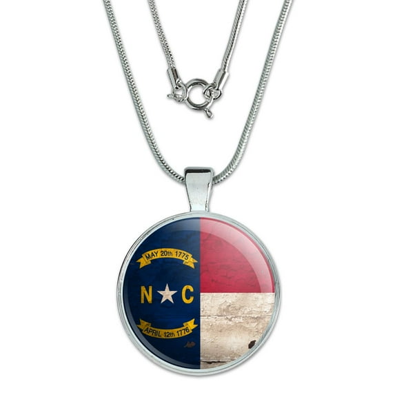 Rustic North Carolina State Flag Distressed USA 1" Pendant with Sterling Silver Plated Chain