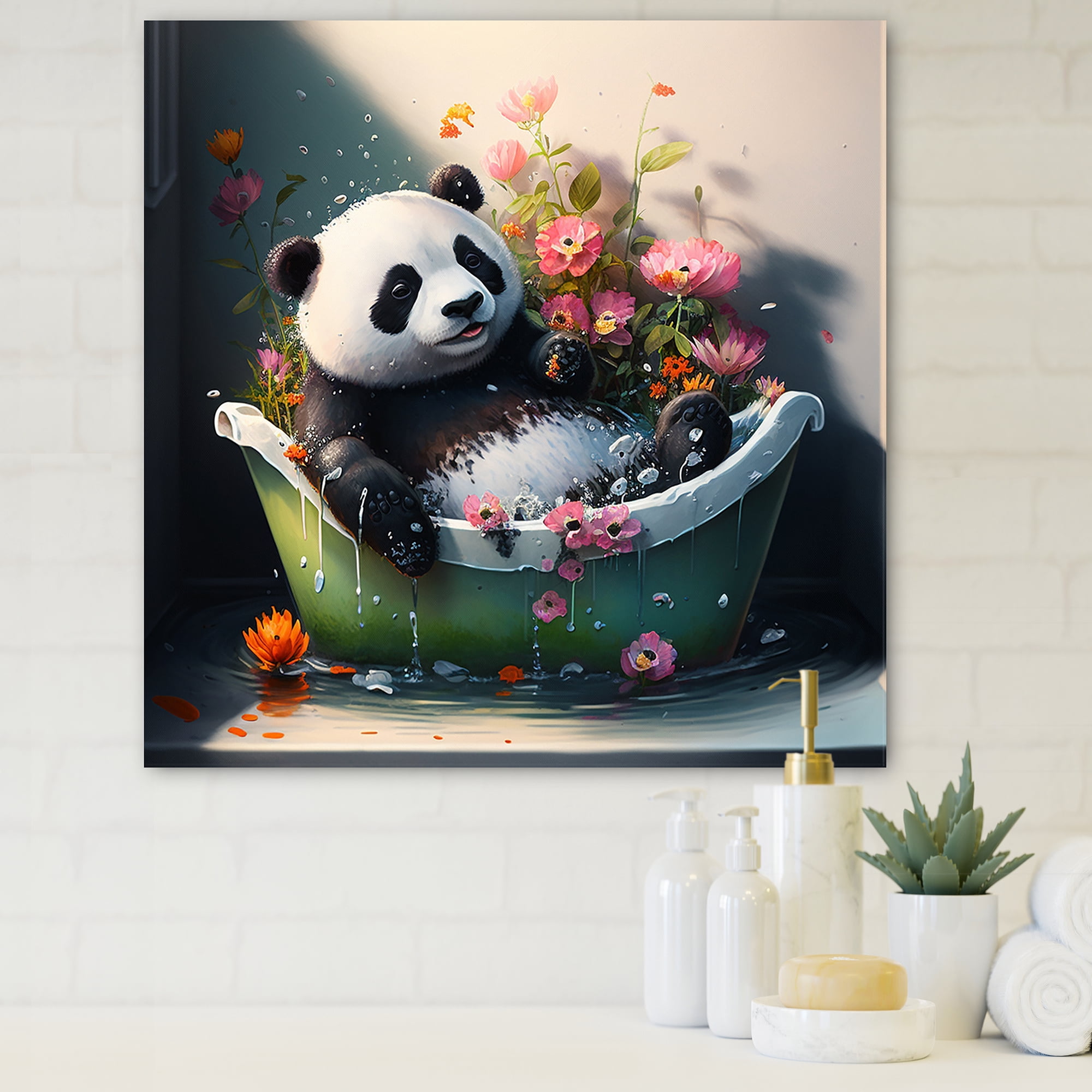 Designart Silly Panda Bathing With Blooming Flowers Canvas Wall Art
