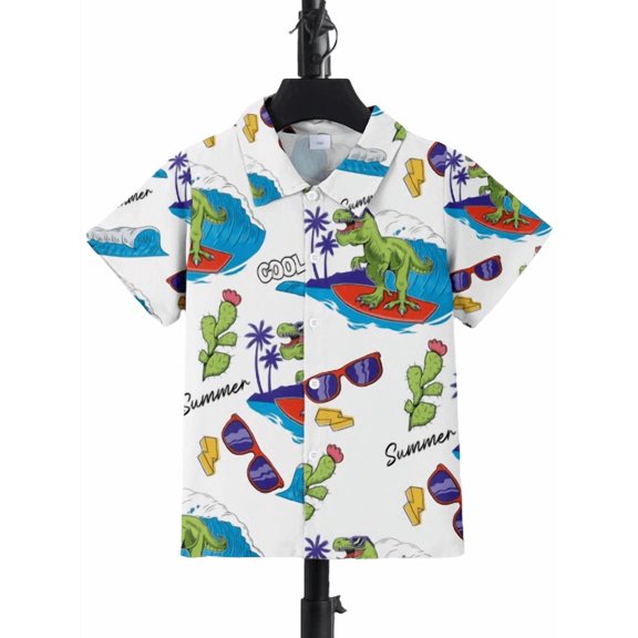 Mikrdoo Beach Surfing Dinosaur Print Boys Creative Button-down Shirt, Casual Short Sleeve Lapel Shirt Tops, Boys Clothes For Summer Outdoor