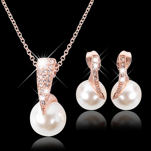 D-GROEE Rose Gold Faux Pearl Crystal Necklace and Earrings Jewelry 