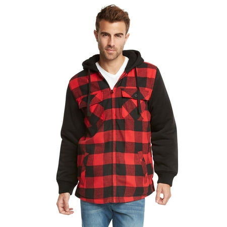 Plaid Knit Jacket - 9 Crowns Essentials Sherpa Lined Plaid Flannel Hoodie Jacket (Black/red, Large)