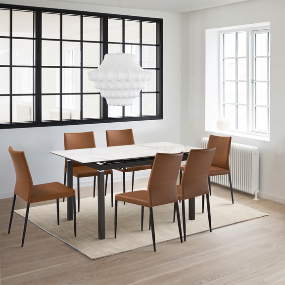 Kash Upholstered Dining Chair in Brown Faux Leather with Black Metal Legs - Set of 6