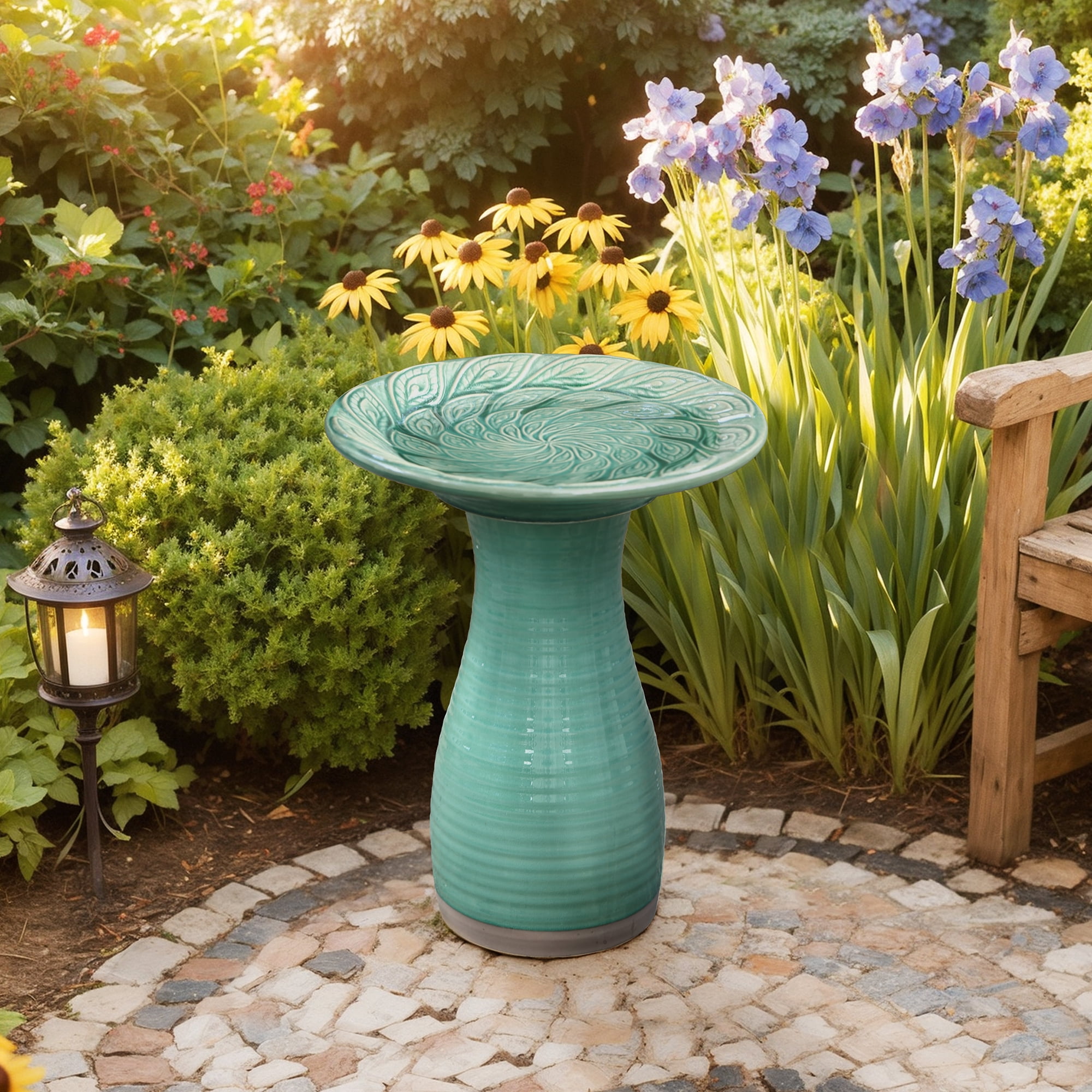 LuxenHome 20.5" Elegant Ceramic Bird Bath for Outside with Leaf Pattern, Jade Green
