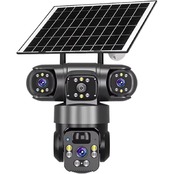 12MP Wireless Solar Security Camera, 3-Lens 360° PTZ Outdoor Surveillance System with Motion Detection, 2.4G WiFi IP66 Waterproof for Home Garden (Black)