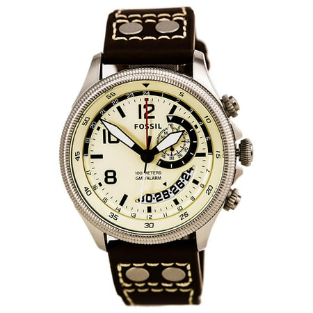 Fossil FS5043 Men's Recruiter Beige Dial Brown Leather Strap Multifunction Alarm GMT Watch