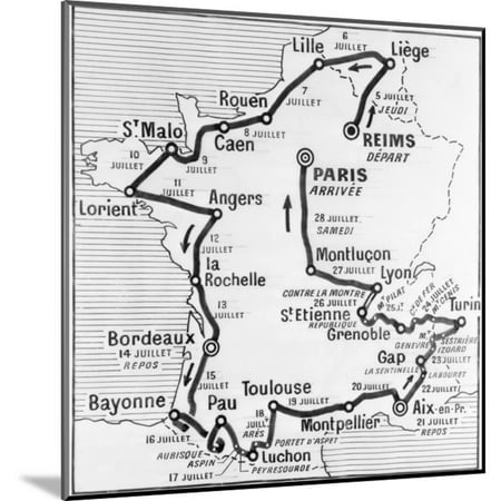 Tour De France Map - Map Showing Route of Tour De France Wood Mounted Print Wall Art