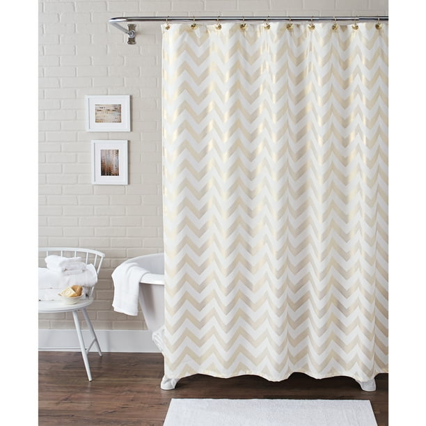 Gold White Fabric Shower Curtain With, Tan Chevron Shower Curtain
