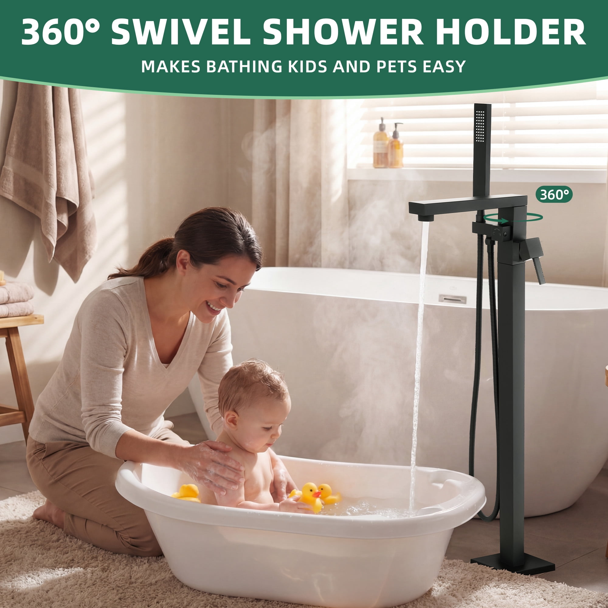 Free Standing Tub Faucet, 360°Swivel High Flow Freestanding Bathtub Faucet with Handheld Shower, Brass Body Tub Filler for Modern Bathroom, Matte Black