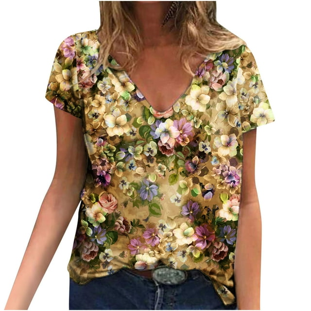Hauts d'Été pour Femmes Manches Courtes Femmes Blouse d'Été Imprimée T-Shirts Décontractés Col en V Manches Courtes T-Shirts Hauts