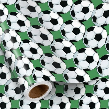 Soccer Ball Wrapping Paper Roll for Boys, Mini Roll, Classic Football Pattern on Green Grass Background Gift Wrap for Sports Birthday, Game Day Party, 17 Inches x 16.4 Feet