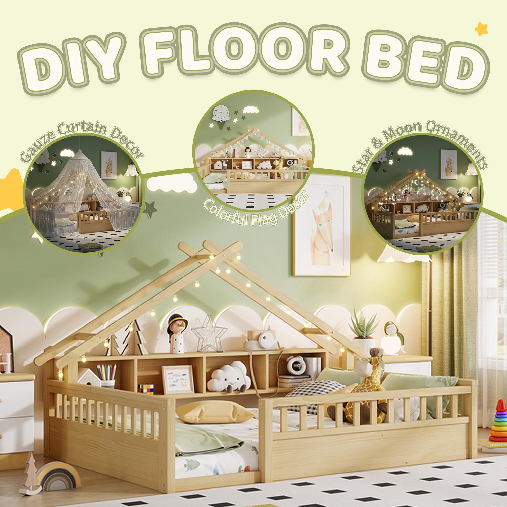Mirightone Full Size Floor Bed with Storage Bookshelves, Wooden Montessori Bed Frame with Light, Roof Shape & High Safety Rails, Low Profile Beds, No Box Spring Needed, Natural