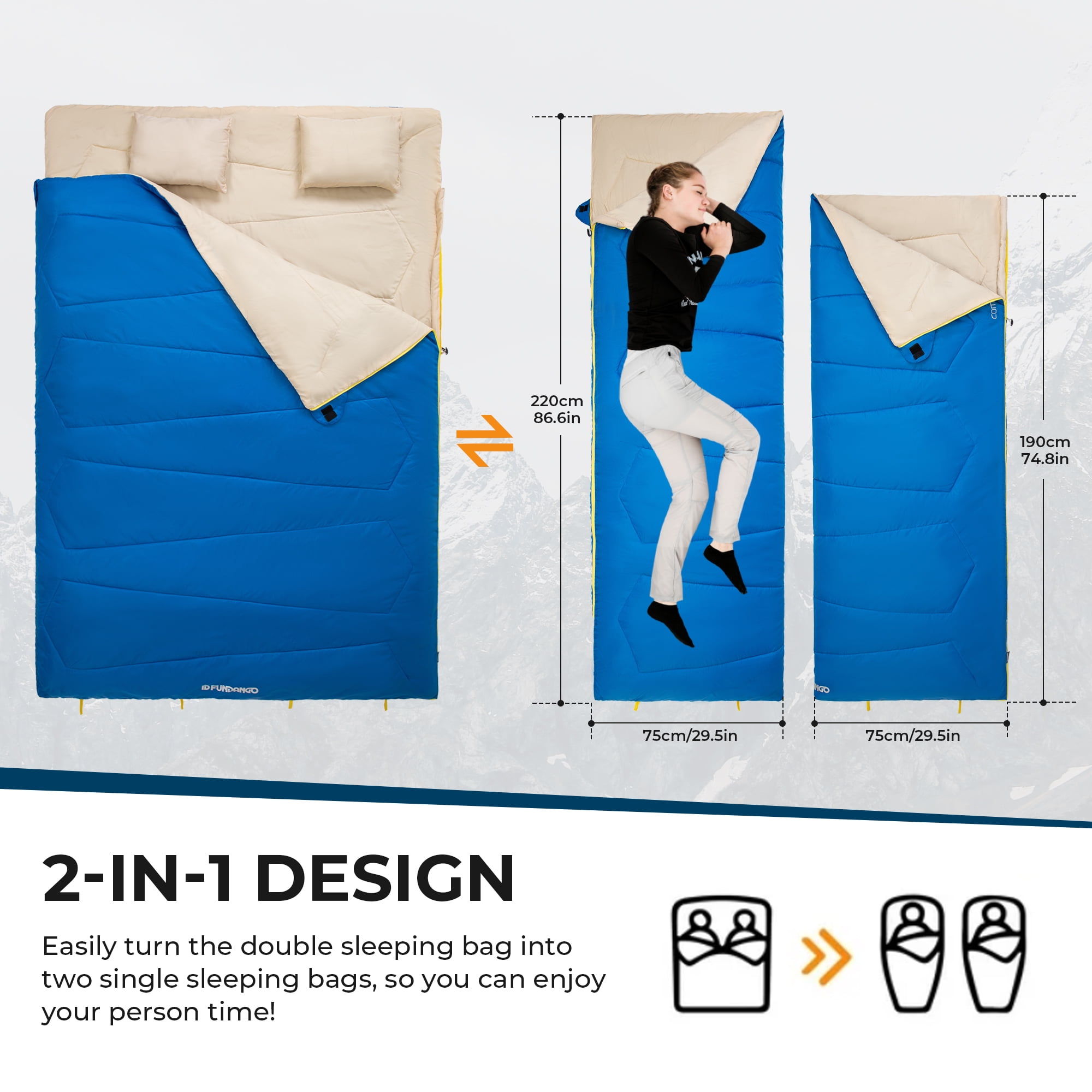 FUNDANGO Two Person Sleeping Bags with Pillows 220cm*150cm Double Camping Sleeping Bags with Compression Sack Queen Size 39.2°F-62.6°F Keep Warm Sleeping Bag, 6.1lbs, Blue