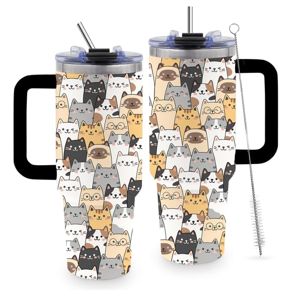 40oz Cats Tumbler Gifts for Women, Cute Cat Water Bottle with Handle and Straw, Stainless Steel Coffee Travel Mug Cup, Mother's Day Birthday Gifts for Cat Lover