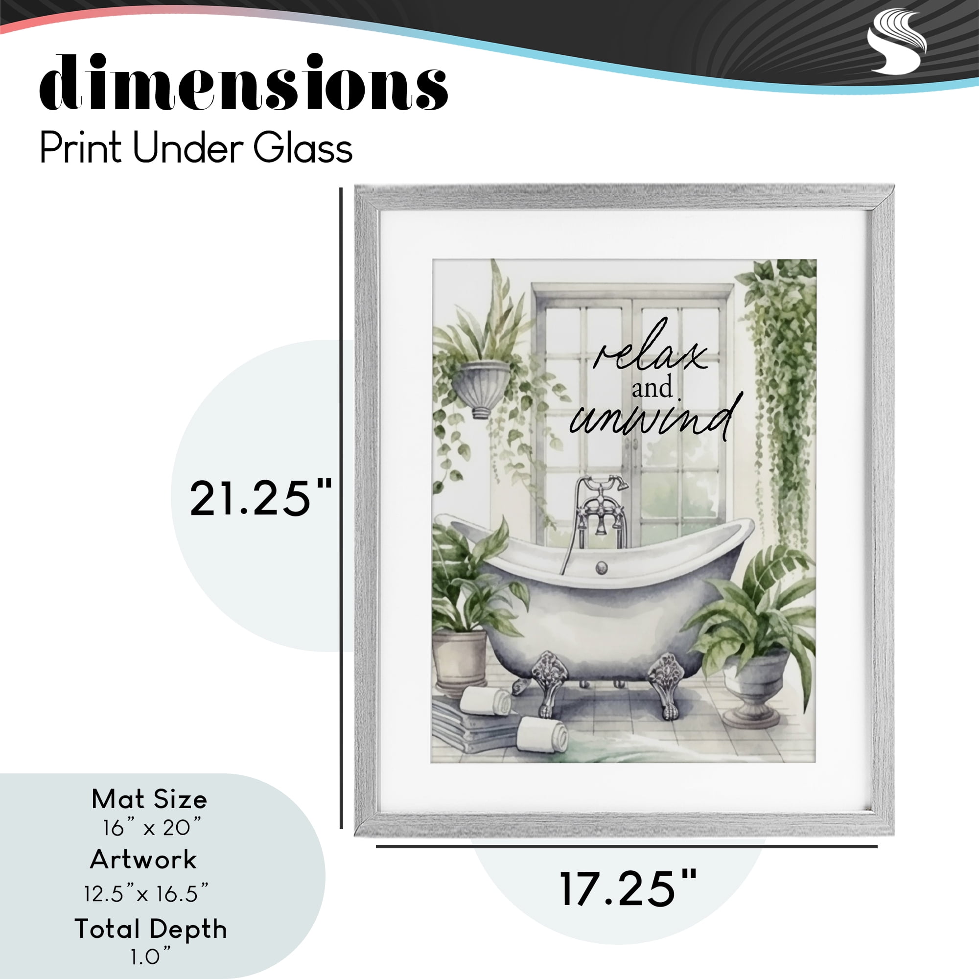 Relax Unwind Bath & Foliage Gray Framed Print Under Glass, design by Lettered and Lined