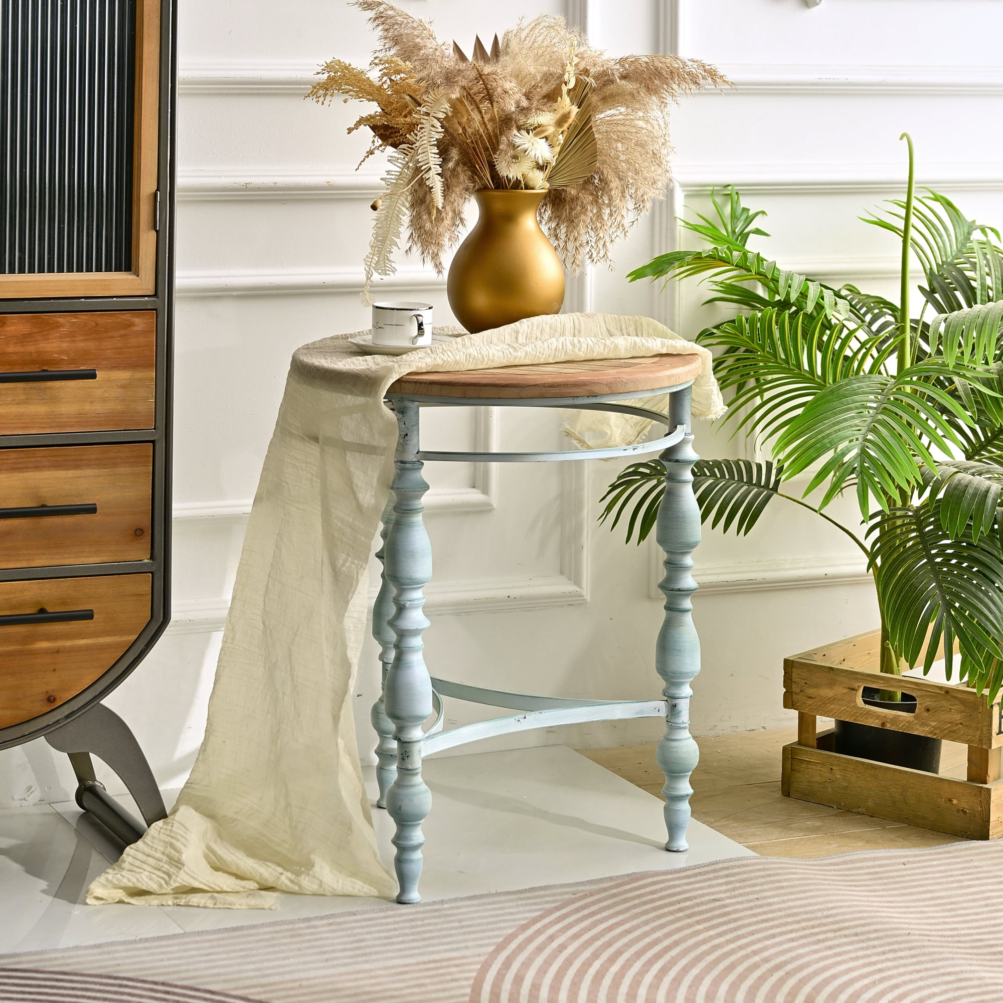 Leumius 20.08" Accent Rustic Carved Coffee Table, Round Wooden Top Metal Leg Round End Table for Living Room