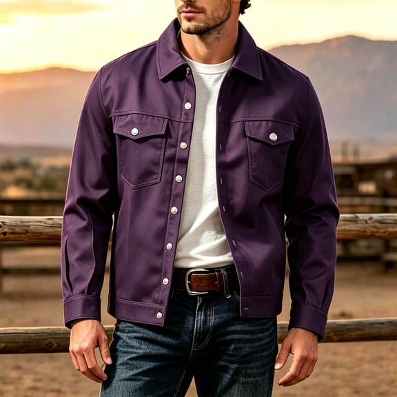 Classic Trucker Jacket for Men Snap-Button Front Chest Pockets Lapel Collar Casual Coat Purple S