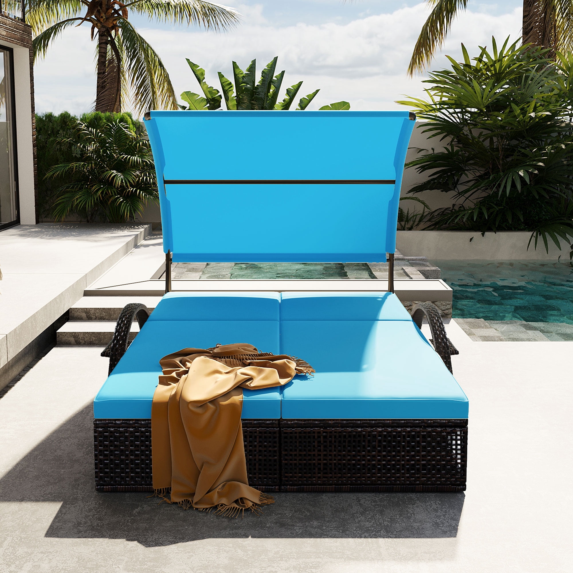 Mintazer 72.8" Outdoor Double Chaise Lounge with Adjustable Canopy & Pop-Up Side Table, Patio Double Sunbed with Arched Armrests for Patio Poolside, Brown & Blue