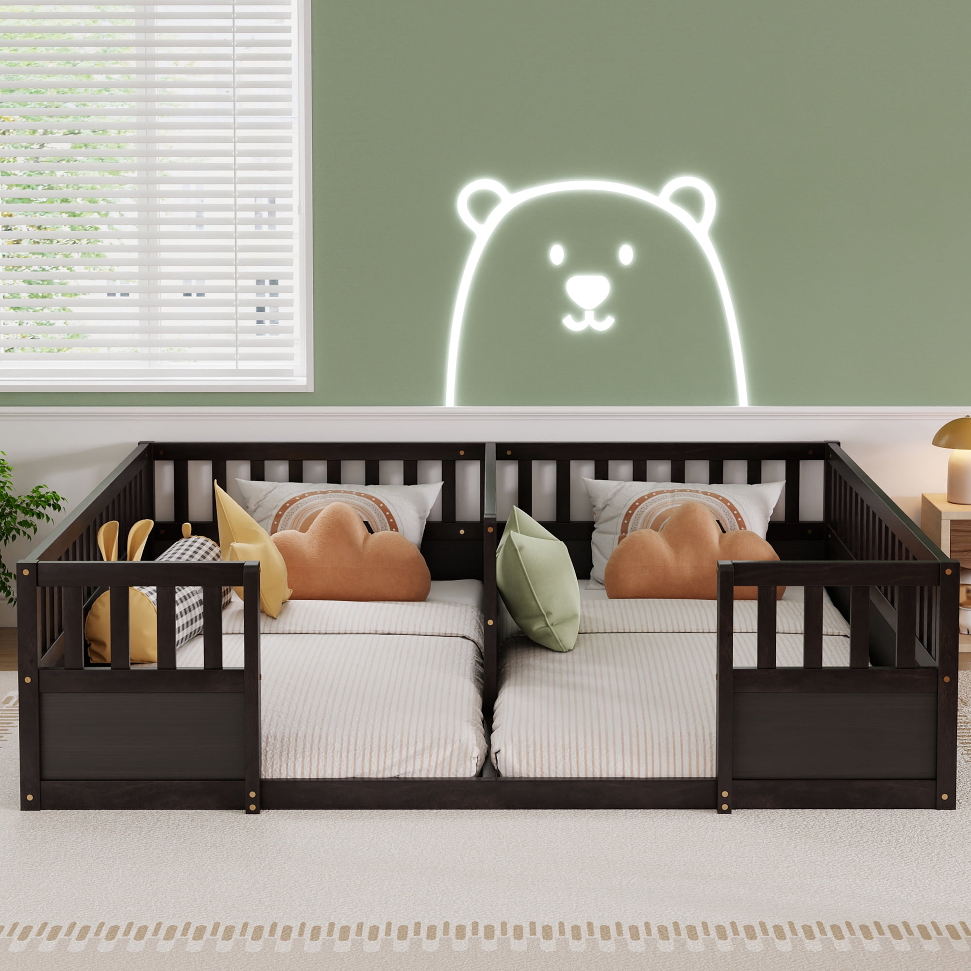 Leumius Double Pine Wood Twin Floor Bed with Semi-Enclosed Safety Guardrails, Open Entrance for Kids Bedroom Espresso
