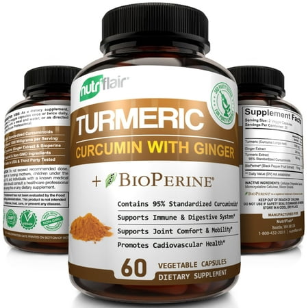NutriFlair Turmeric Curcumin with Ginger & BioPerine Black Pepper - Best Vegan Joint Pain Relief & Support Turmeric Capsules - High Potency Anti-Aging, Antioxidant, Non GMO, 60 (Best Time Of Day To Take Turmeric)