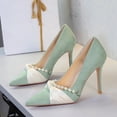 thumbnail image 2 of Women Pointed Toe Stiletto High Heels 10CM Satin Wedding Pumps Pearl Chain Bow Suede Shoes for Bride Prom Party, 2 of 5