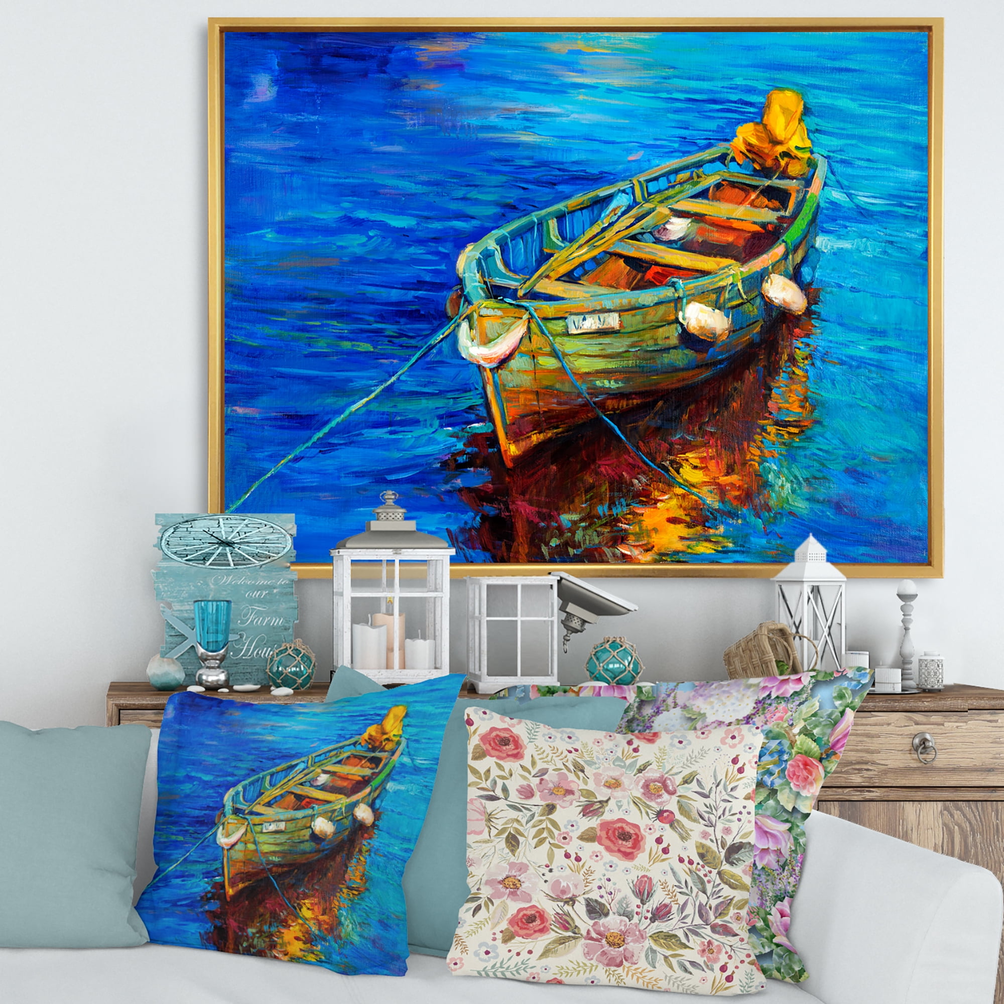 Boats During Warm Sunset Resting On The Water IV 32 in x 16 in Framed Painting Canvas Art Print, by Designart