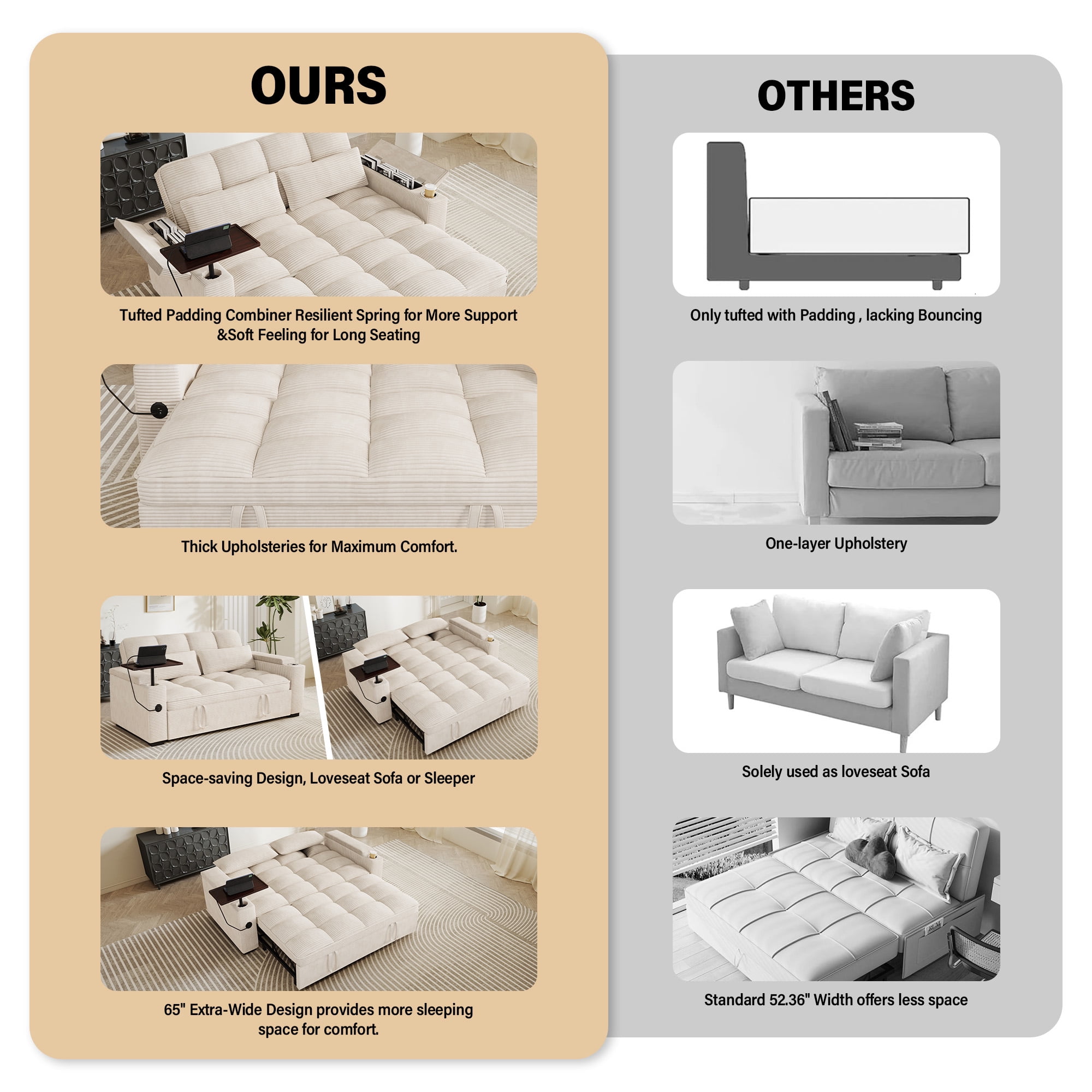 Aukfa 65"W Convertible Sofa Bed with Storage, 3-in-1 Corduroy Queen Sleeper Sofa Couch with 360° Swivel Side Table & USB /Type-C Ports,Beige
