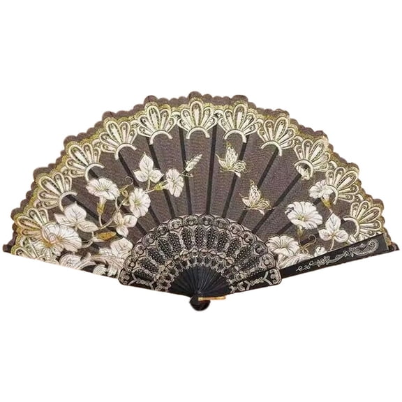 Farfi Handheld Fan Vintage Style Bright Color Exquisite Pattern Fine Workmanship Ultralight Cloth Retro Chinese Style Folding Fan Photography Prop Office Supplies (Black)