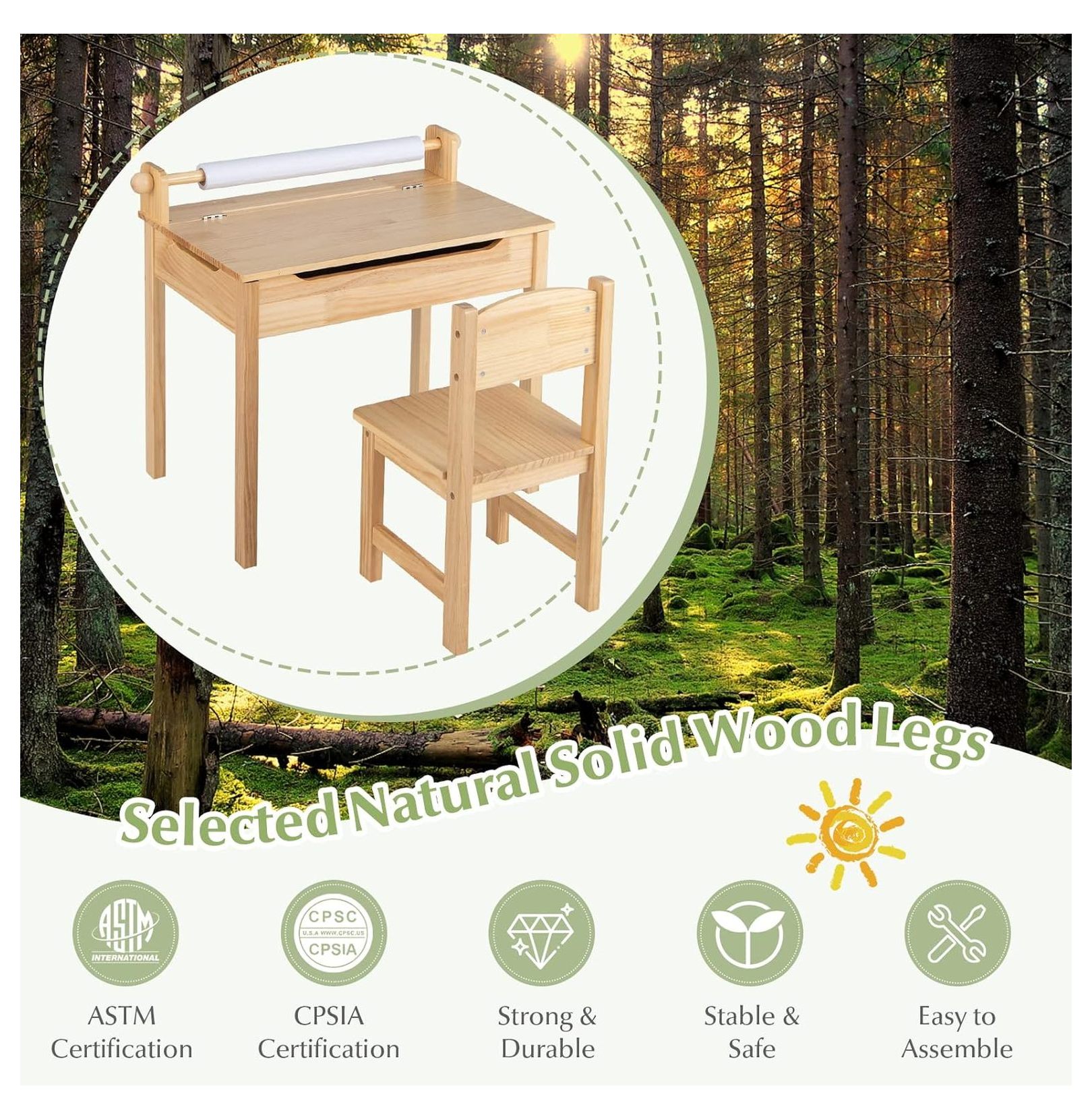 Kids Activity Table Set with Paper Roll Holder and Pen Slot, 21" x 13.5" x 7", Natural 1