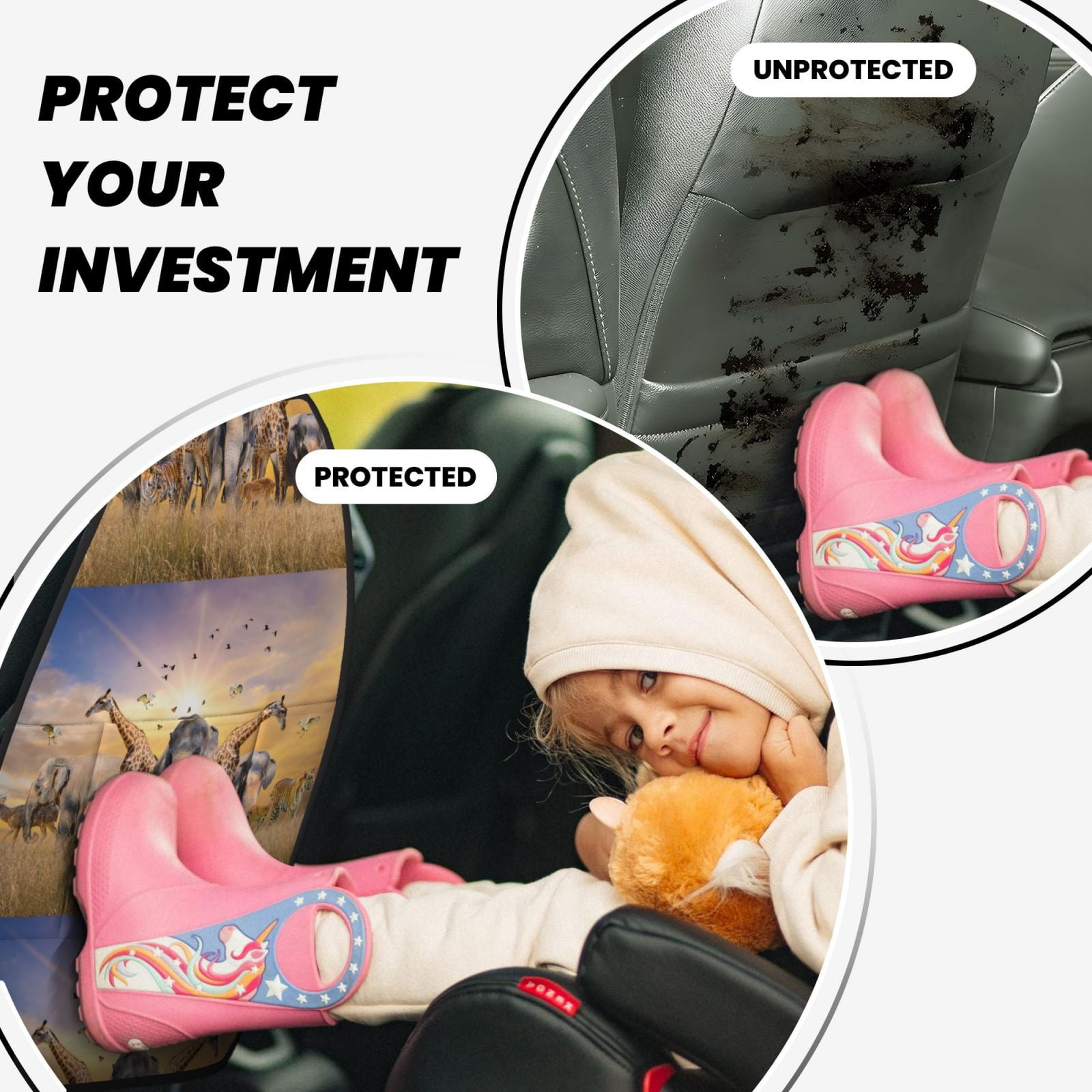Xecao Vintage Wildlife Protection Pattern Car Seat Back Protector 2 Pack Large Capacity Pocket, Kick Mats Back Seat Protector